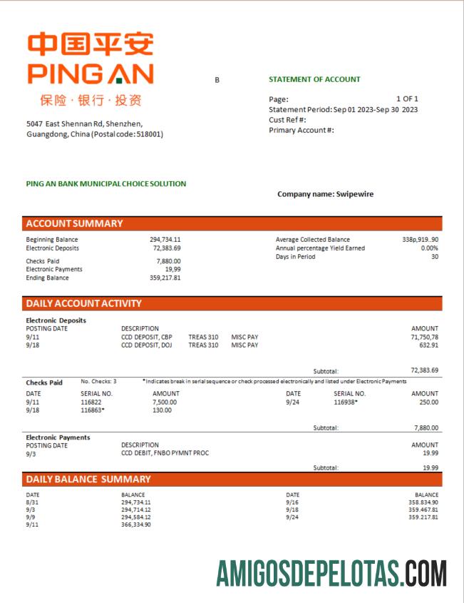 Em branco Ping An Bank Firm Checking modelo de extrato de conta Word e PDF